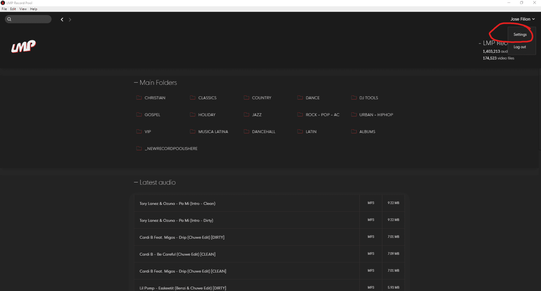 Opening Settings from the screen-name menu in the Record Pool app