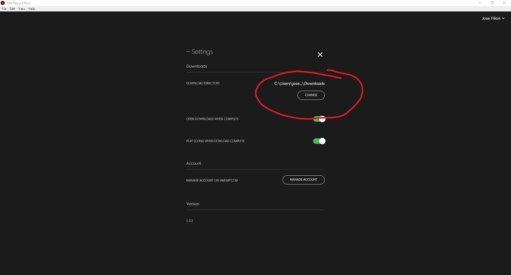 The Download directory setting in the Record Pool app