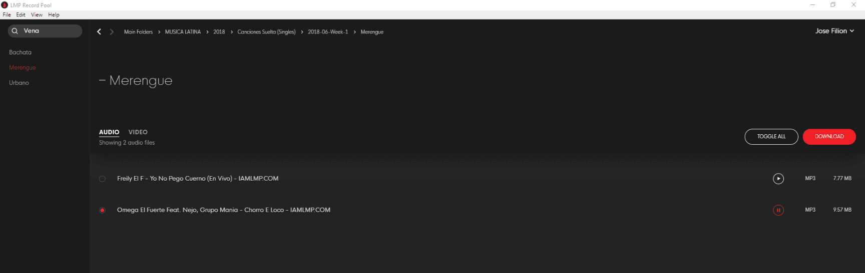 Previewing a track in the Record Pool app using the play button