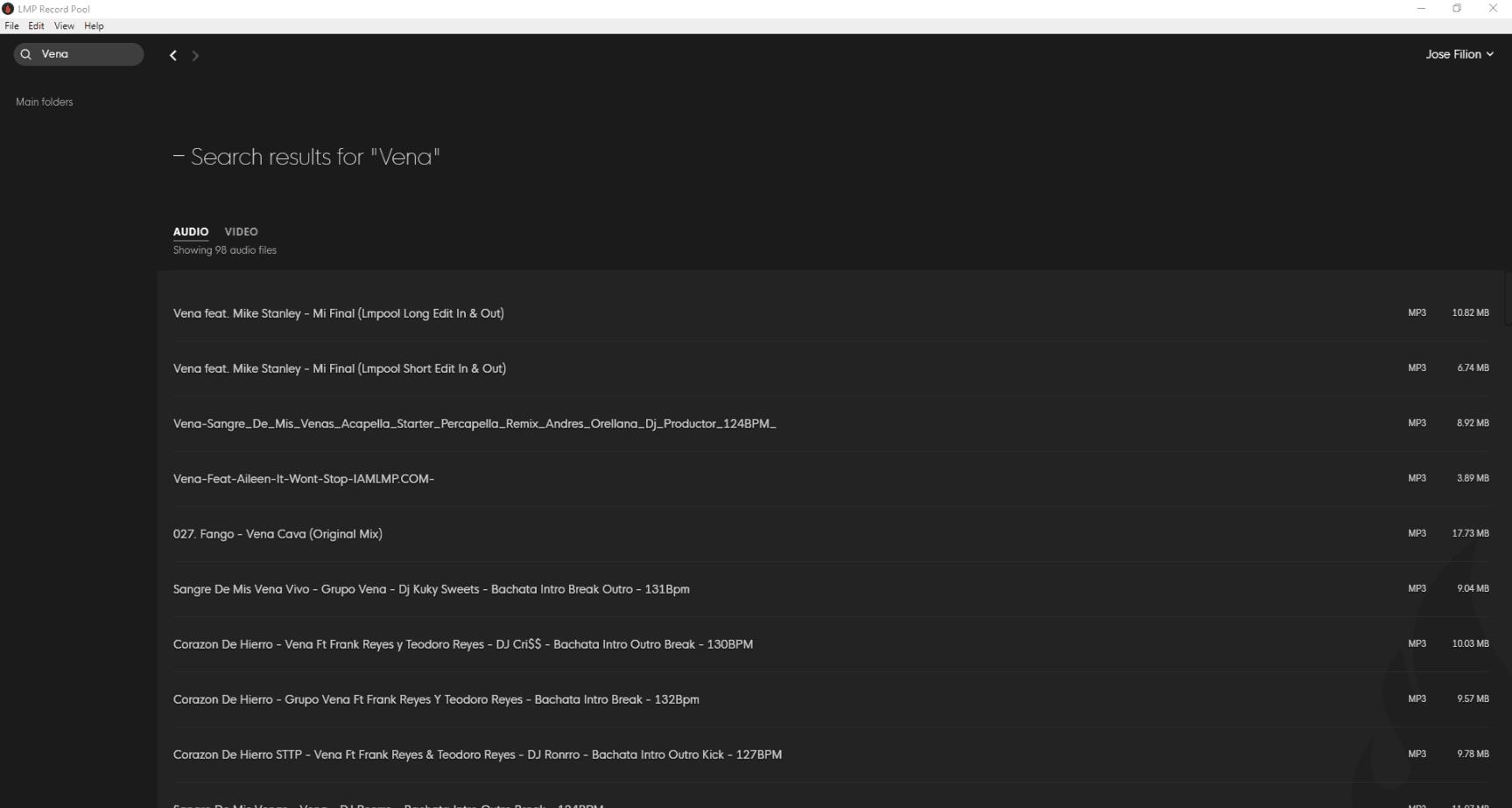 Record Pool search results listing tracks for an artist