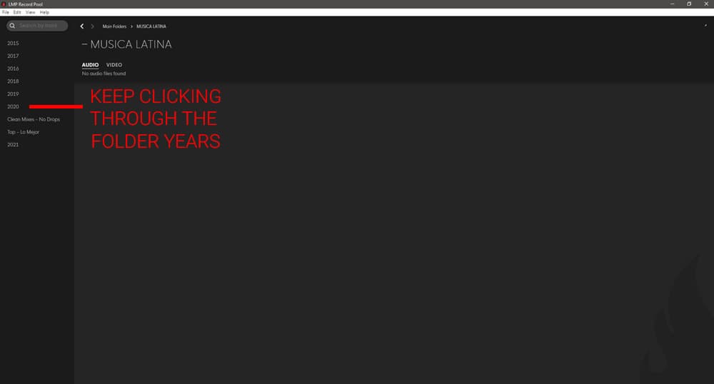 Record Pool menu organized by genre, year, month and week