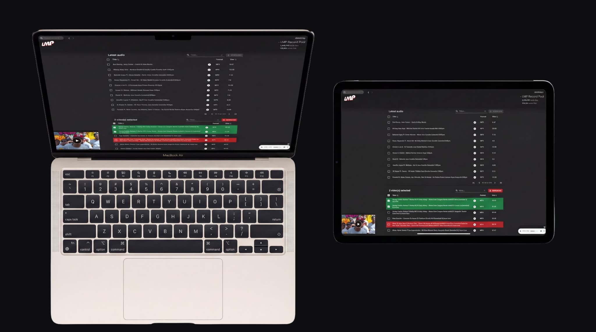 The LMP Record Pool app running on a MacBook and an iPad
